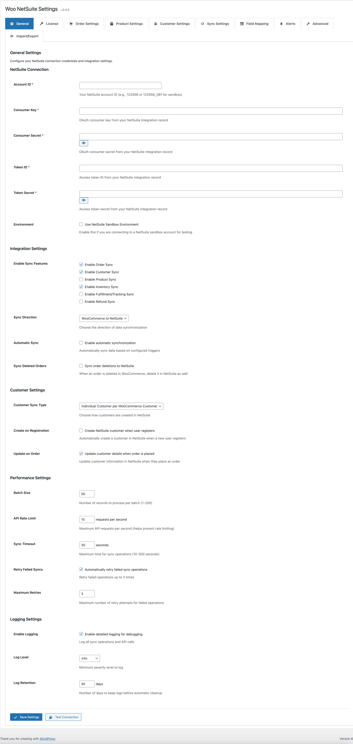 General Settings - Configure your NetSuite connection
