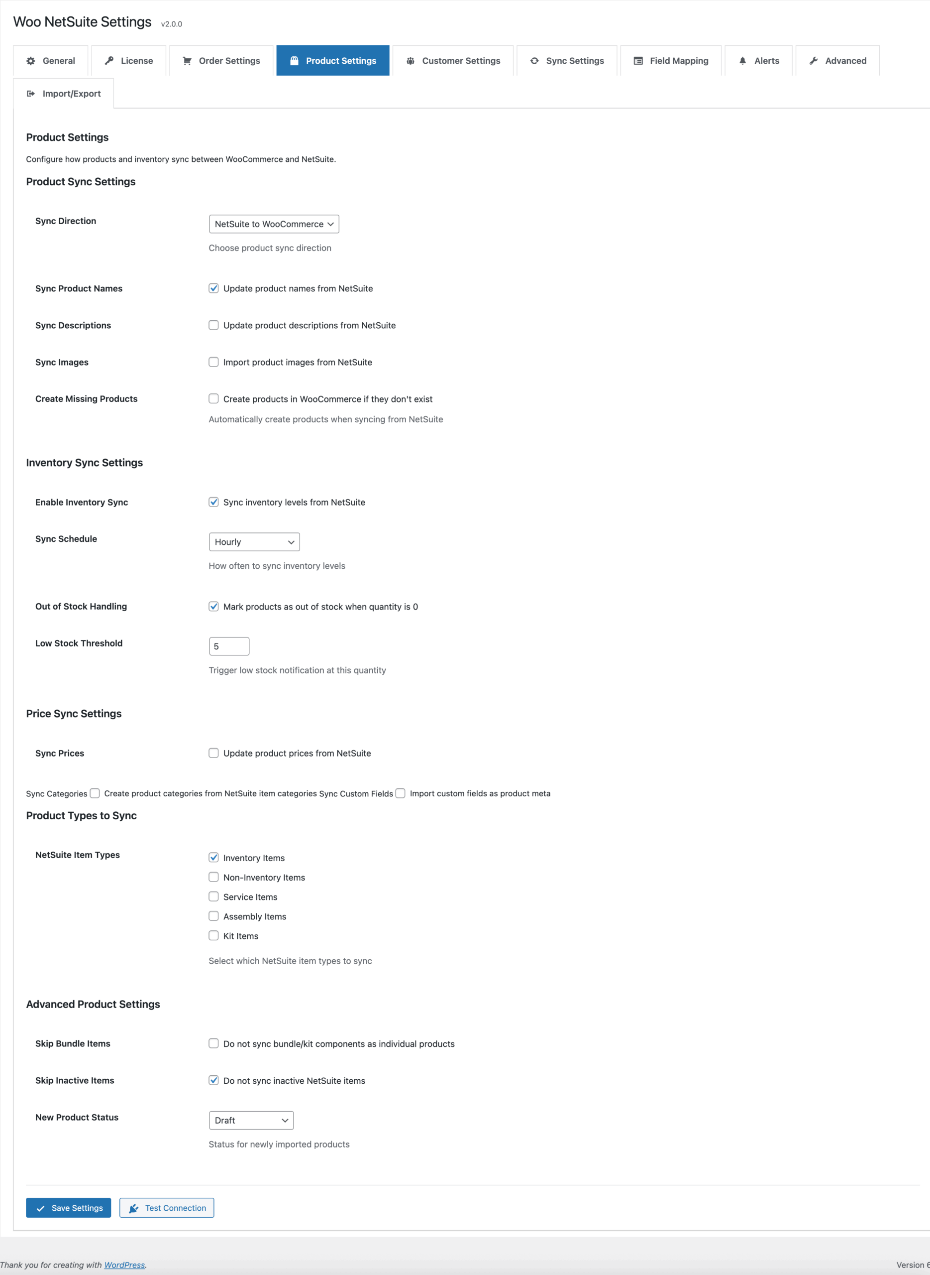 Product Settings - Configure product sync